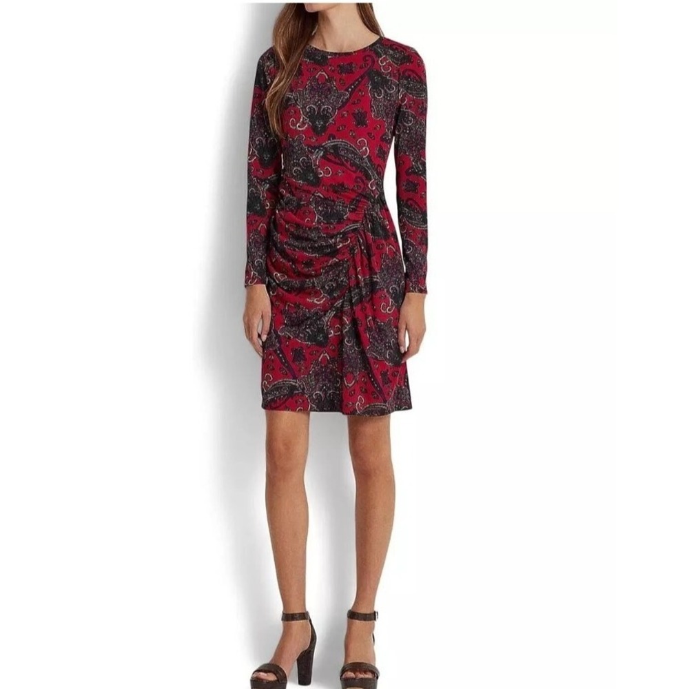 Lauren Ralph Lauren Knee Length Red Black Paisley Dress Size 8 Sheath Stretch